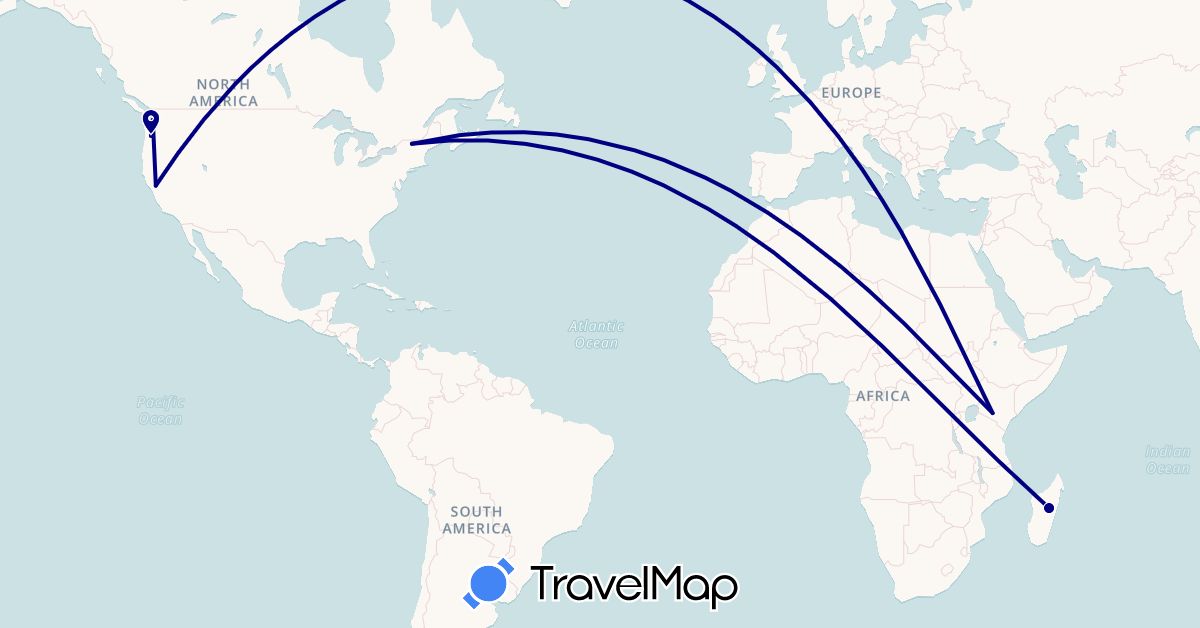 TravelMap itinerary: driving in Kenya, Madagascar, United States (Africa, North America)